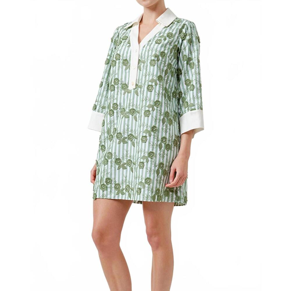 NEW MAUDE CLUB women's flower embroidered stripe mini tunic dress in mint green